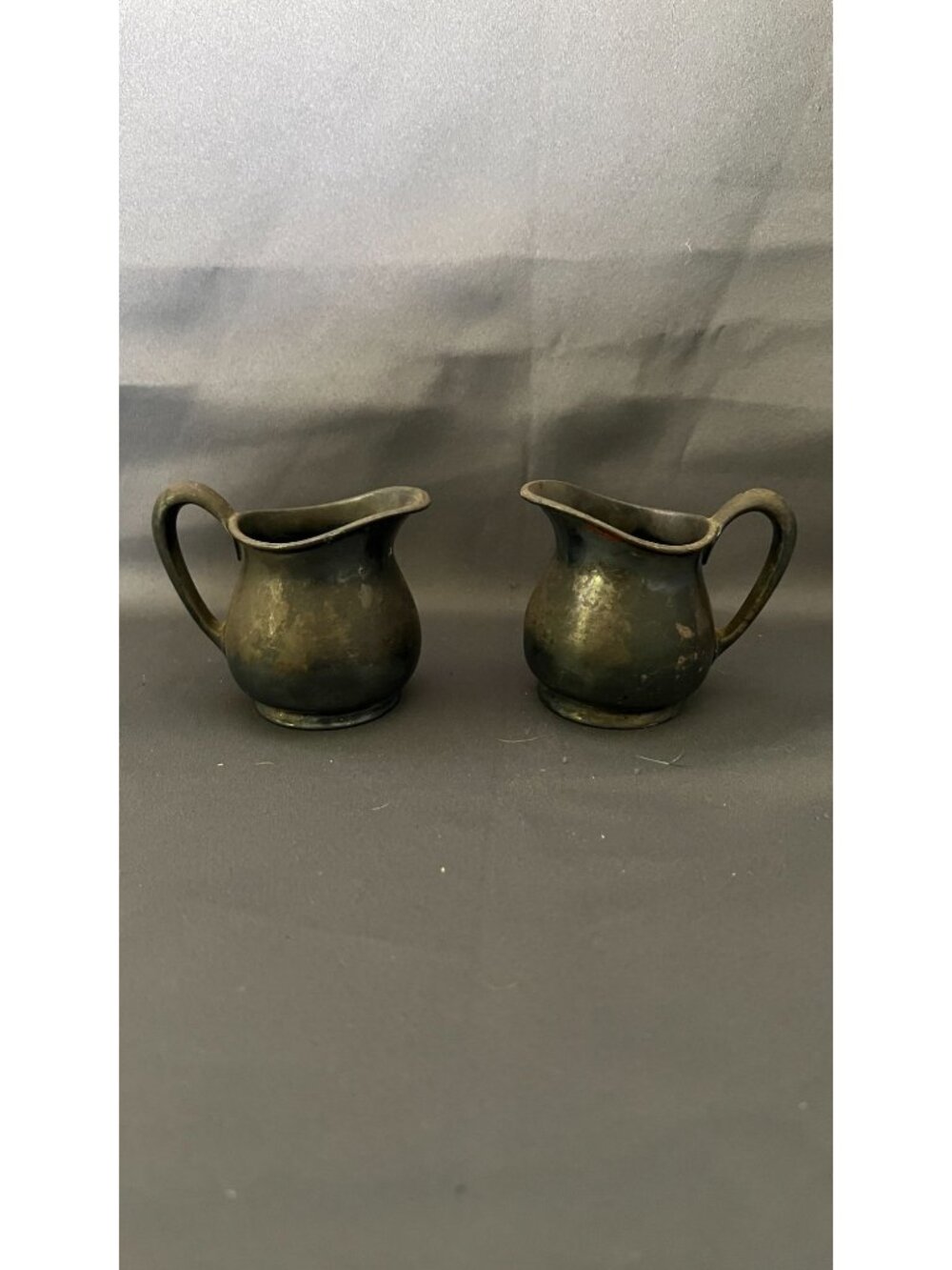 Vintage Pair Of Pewter Creamers With Handles & Marked Bases